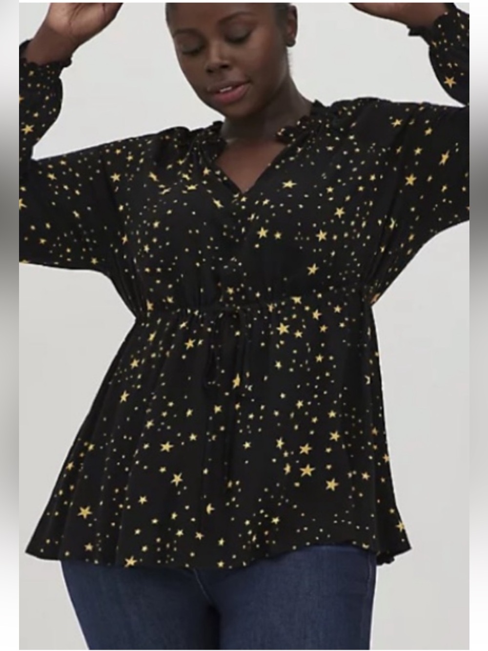Torrid  Black Star-Print Long Sleeve Peasant Top elastic wrist sleeves size XL